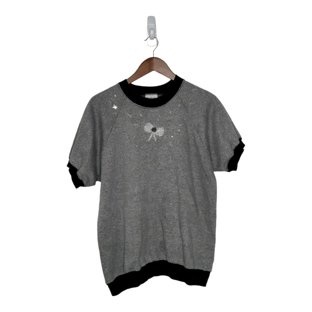 Vtg 90s Tee Jays Women's L Gray Bedazzled Short Sleeve Ringer T Shirt USA